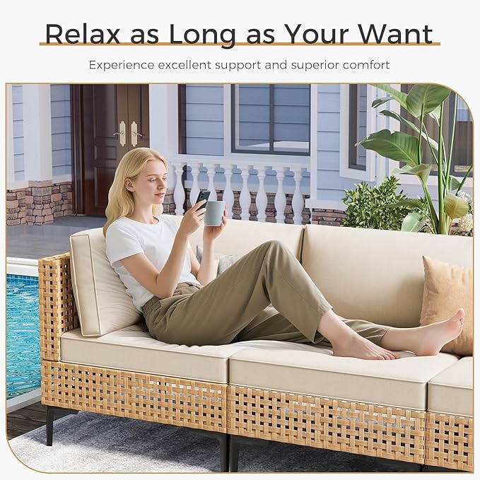 ABCASA Patio Furniture Set, 110" Large 9-Piece Wicker Outdoor Patio Furniture Sets with Anti-Slip Cushions & Coffee Table,Boho Patio Conversation Set Sectional Sofa for Backyard,Porch,Deck,Beige