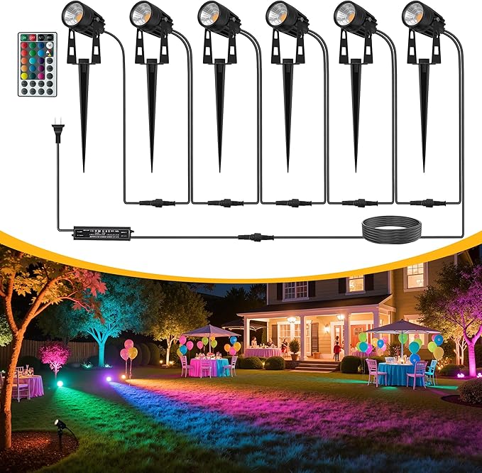 L LOHAS LED RGB Dusk to Dawn Low Voltage Landscape Lighting, IP65 Outdoor Spotlight with Transformers&Remote Control, Color Changing Timing Plug in Spotlights for Yard Backyard Pathway 6Pack