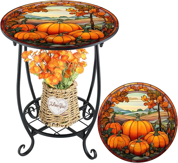 Outdoor Side Table Round Small Mosaic Patio Accent Indoor End Plant Coffee Tea Table for Yard Patio Porch Garden Living Room, Bedroom(Pumpkin Style,14 Inch)