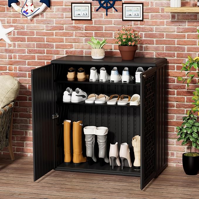 Outdoor Storage Cabinet Waterproof with Shelf,Resin Storage Sheds Outdoor Cabinets for tub Towels/Chemicals/Grill Items/Patio/Garden/Backyard, Size 34.3''L*15''W*36.2''H（Black）