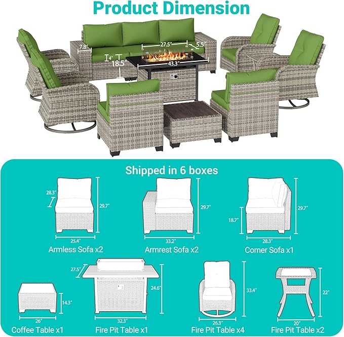 13-Piece Outdoor Patio Furniture Set with Rocking Swivel Chair, PE Wicker Rattan Sectional Sofa Patio Conversation Set with 55,000 BTU Fire Pit Table & Coffee Table, Avocado Green