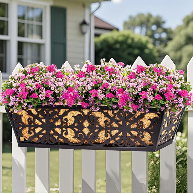 4 Pack 24 Inch Window Boxes Planters Railing Planter Box with Adjustable Brackets & Coco Liners Fabric Plant Grow Bags Deck Railing Planter Boxes Balcony Hanging Flower Box for Outdoor Plants
