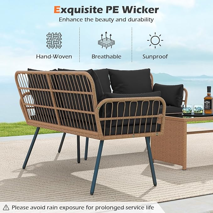 Tangkula Patio Wicker Loveseat, Outdoor Rattan 2-Seat Cushioned Sofa with Heavy Duty Metal Frame, for Backyard,Porch,Poolside (Black)
