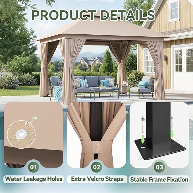 Aoxun 10x10 Outdoor Gazebo with 50FT LED Hanging Lights Metal Frame Canopy with Double Roofs Heavy Duty Party Tent Shelter with Mosquito Netting and Privacy Screen for Backyard, Lawn, Garden(Khaki)
