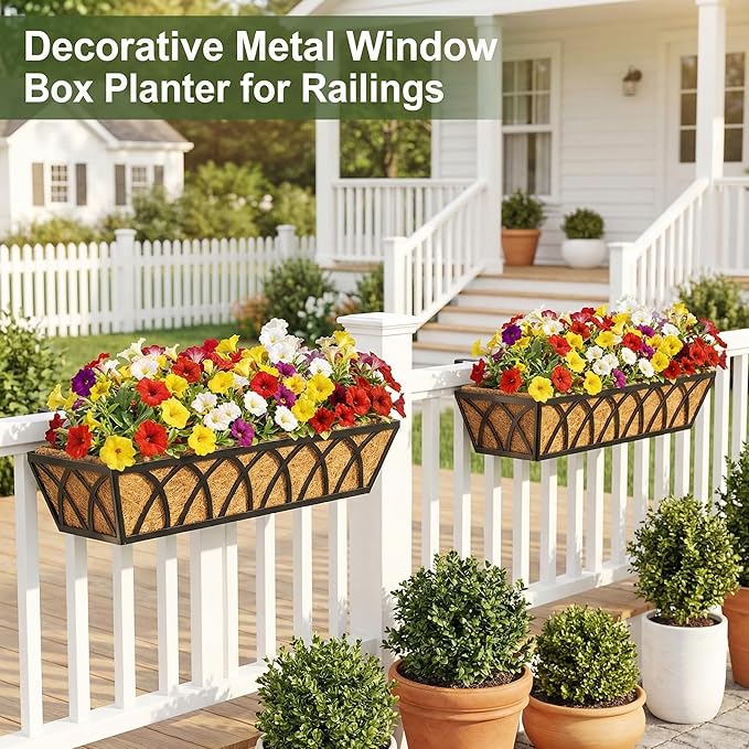 HFHOME 2 Pcs 30" Window Box Deck Railing Planter with Horse Trough Coco Liners, Black Metal Hanging Flower Planters Baskets for Indoor, Outdoor, Balcony, Porch, Fence, Patio, and Lawn
