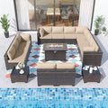 ALAULM Patio Furniture Set with Fire Pit Table 55000 BTU, Outdoor Sectional with Wide Seat and Thick Cushion, 15 Piece Wicker Rattan Conversation Set with Coffee Table for Garden, Deck, Sand