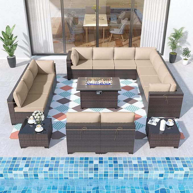 ALAULM Patio Furniture Set with Fire Pit Table 55000 BTU, Outdoor Sectional with Wide Seat and Thick Cushion, 15 Piece Wicker Rattan Conversation Set with Coffee Table for Garden, Deck, Sand