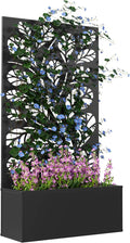Outsunny Metal Raised Garden Bed with Trellis for Climbing Plants, Freestanding or Wall Mounted Flower Bed with Privacy Panel, Twigs and Leaves Cut-Outs Outdoor Planter Box for Garden, Patio, Balcony