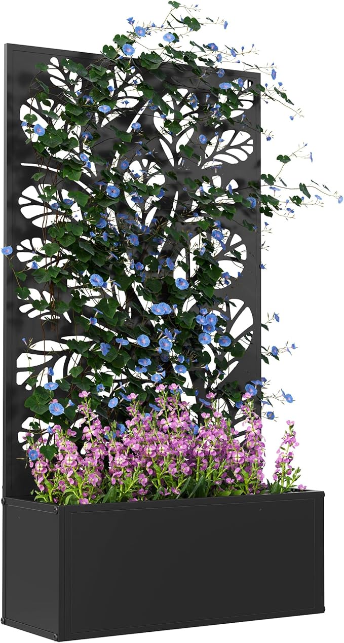 Outsunny Metal Raised Garden Bed with Trellis for Climbing Plants, Freestanding or Wall Mounted Flower Bed with Privacy Panel, Twigs and Leaves Cut-Outs Outdoor Planter Box for Garden, Patio, Balcony
