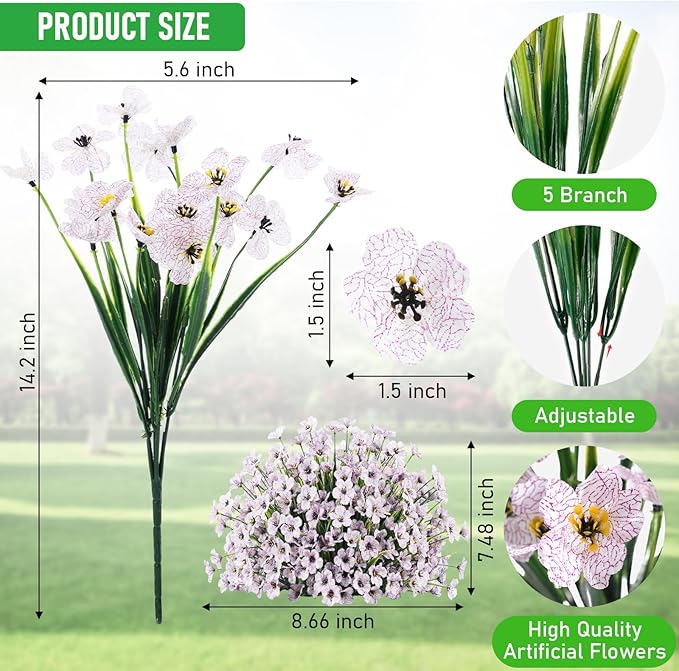 22 Pack Artificial Flowers Outdoor Fake Plants, Faux Flowers UV Resistant with Plastic Plants, Faux Silk Flowers for Outdoors Outside Front Porch Hanging Planter Window Box Garden Decoration(White)