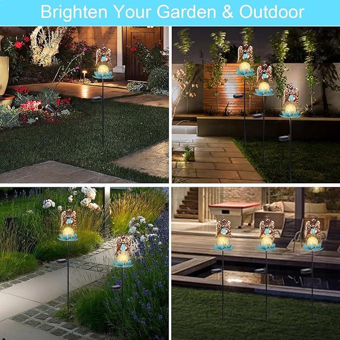 Solar Garden Lights Metal Flower Decor Colorful Solar Pathway Light with LED Cracked Crystal Ball Outdoor Decorative Stake for Patio Yard Lawn Garden Decor (Angel)