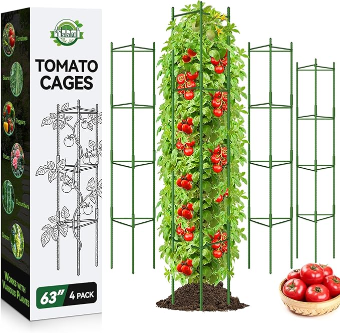 Halatool 63 Inch Tomato Cages, 4 Pack Adiustable Plant Cages Assembled Tomato Garden Cages Stakes Vegetable Support Trellis with 120 Feet Twist Tie, Snap-On for Vertical Climbing Plants