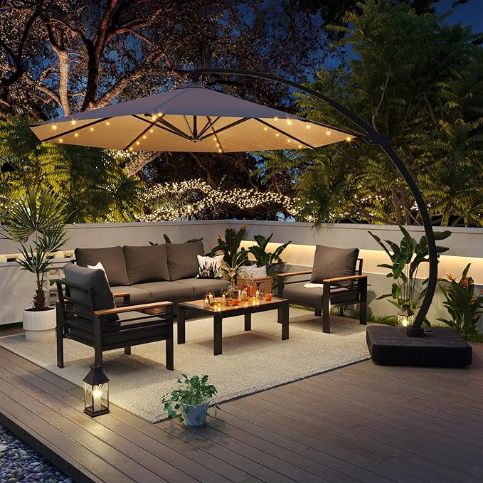 Aoxun Aluminum Patio Furniture Set with Umbrella 5 Seats, Oversized Outdoor Sectional with Washable Thick Cushions, Coffee Table and Waterproof Cover, Patio Conversation Sets for Porch, Balcony, Deck
