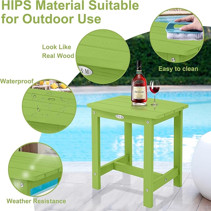 Y&M Outdoor Side Table, HIPS Adirondack Small Single Table, Waterproof Square Outside Table, Balcony Modern End Tables for Patio, Pool, Beach, Porch, Deck, Indoor or Outdoor Use, Lime