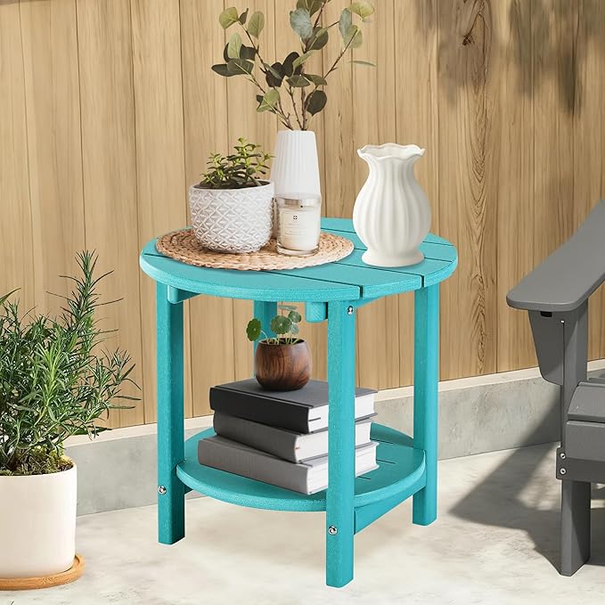 LZRS Round Adirondack Side Table Double End Table, Outdoor Side Tables for Patio, Backyard,Pool, Indoor Companion, Easy Maintenance & Weather Resistant(Turquoise)