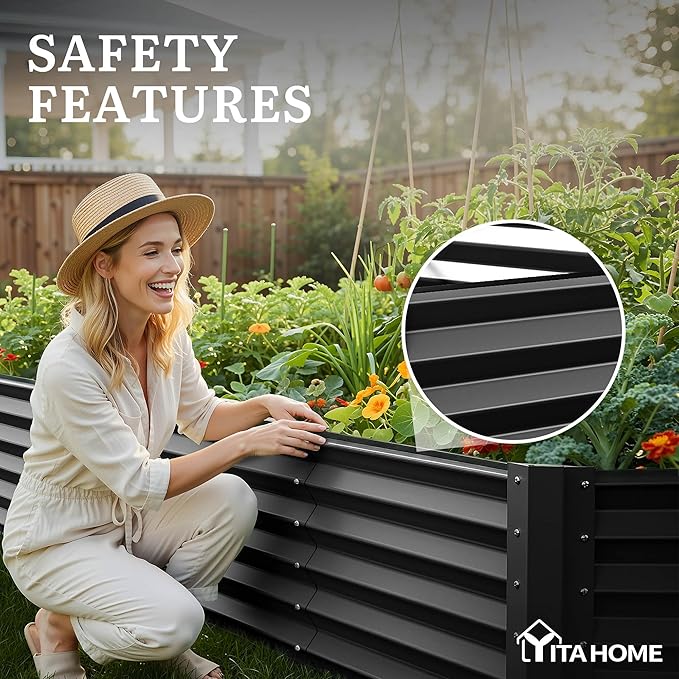 YITAHOME 8x4x1.5ft Large Raised Garden Bed Kit, Galvanized Metal Planter Box with Gloves, Ground Nails & Safety Rubber, Outdoor Above Ground Planters for Plants Vegetables Flowers, Black