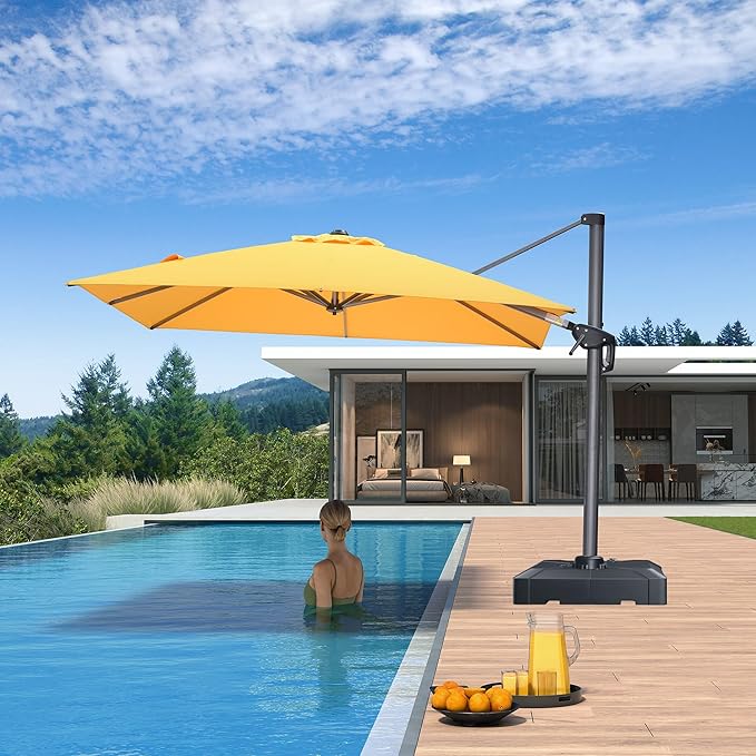 PURPLE LEAF 8' X 8' Patio Umbrella for Pool 7' High Offset Outdoor Cantilever Umbrella Swimming Pool Umbrella with 360°Rotation for Poolside Yellow
