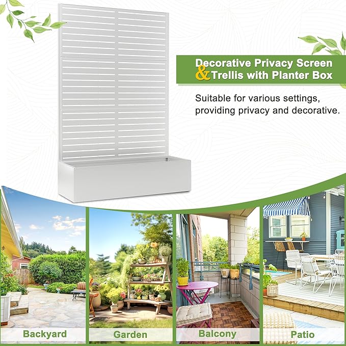 FENCY Metal Raised Garden Bed with Trellis, Metal Planter Box with Trellis, Garden Box for Climbing Plants Vegetable, 47" Lx16 Wx71 H Garden Bed with Drainage Holes(White-Louvered)