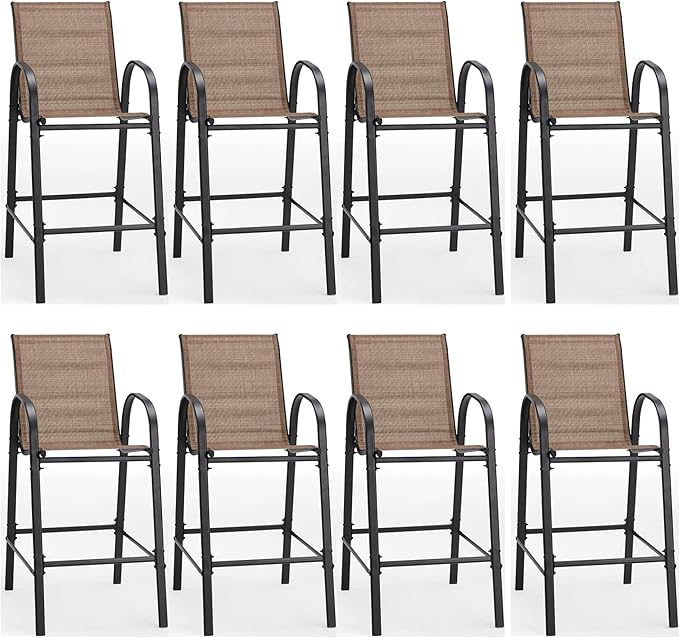 HOMREST Outdoor Bar Height Stools Set of 8,High Back Patio Chairs with Armrests,Textilene Chairs with Breathable Fabric & Metal Frame for All Weather,Brown