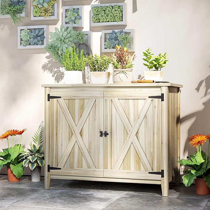 Outsunny Wood Garden Shed, Compact Outdoor Storage Cabinet Potting Shed with Inner Shelf and Double Doors for Backyard, Patio, Lawn, Natural Wood
