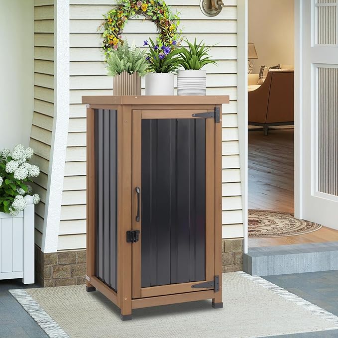 Outdoor Storage Cabinet Waterproof with Metal Top, Wooden Potting Bench Table Tool Organizer with Adjustable Shelf for Patio Backyard Garden