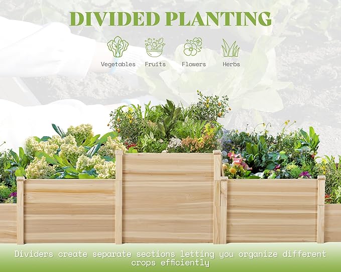 AMERLIFE 3-Tier Raised Garden Bed, 28 Inch Depth Fir Wood Planter Box for Outdoor Gardening with Dividers, Tool-Free Assembly, Garden Box, Ideal for Vegetables, Herbs, Flowers