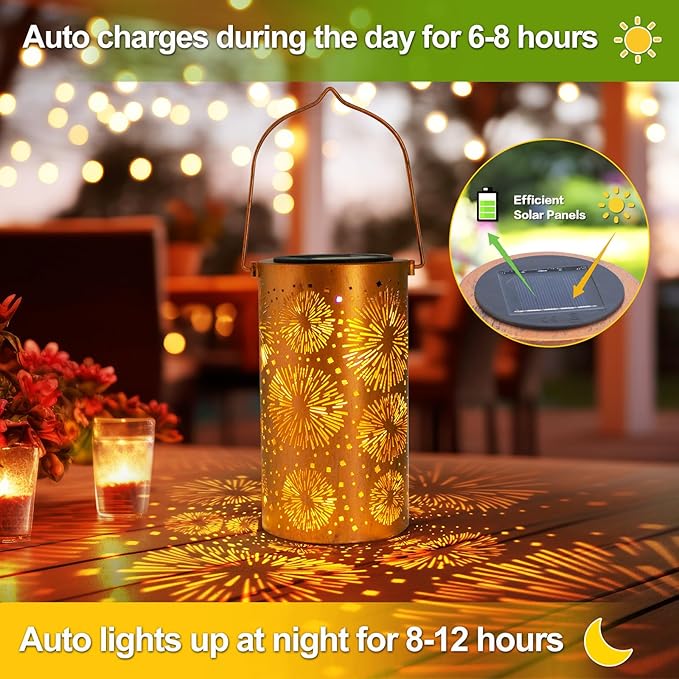 Fireworks Birthday Gifts for Women, Solar Lanterns Outdoor Waterproof, Garden Decor Metal Hanging Decorative Solar Lights for Patio Yard Lawn Backyard Porch, Gardening Gifts for Women Mom Grandma