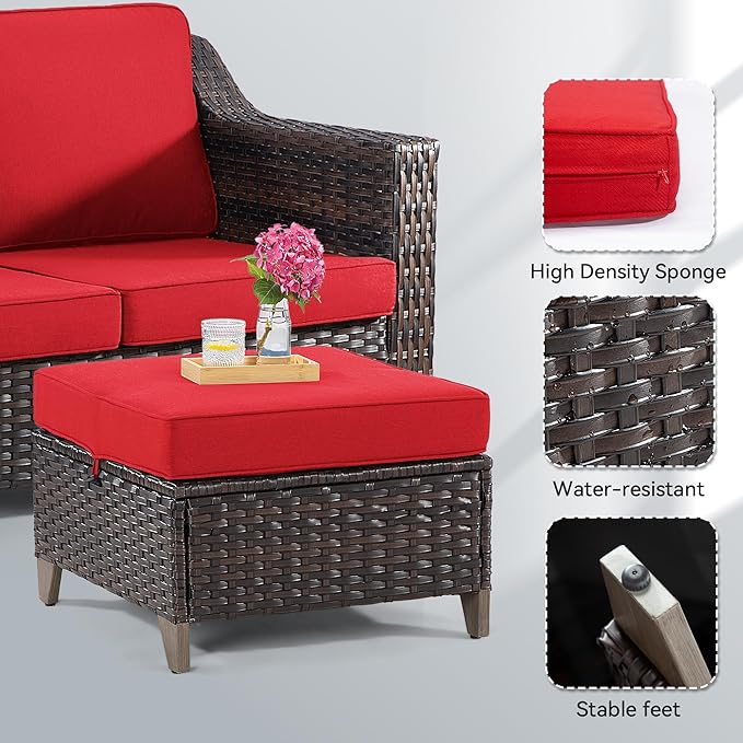 Joyside Patio Ottoman Set of 2, All Weather Outdoor Rattan Ottomans Patio Footstools with Removable Cushions for Garden Backyard Porch (Red)