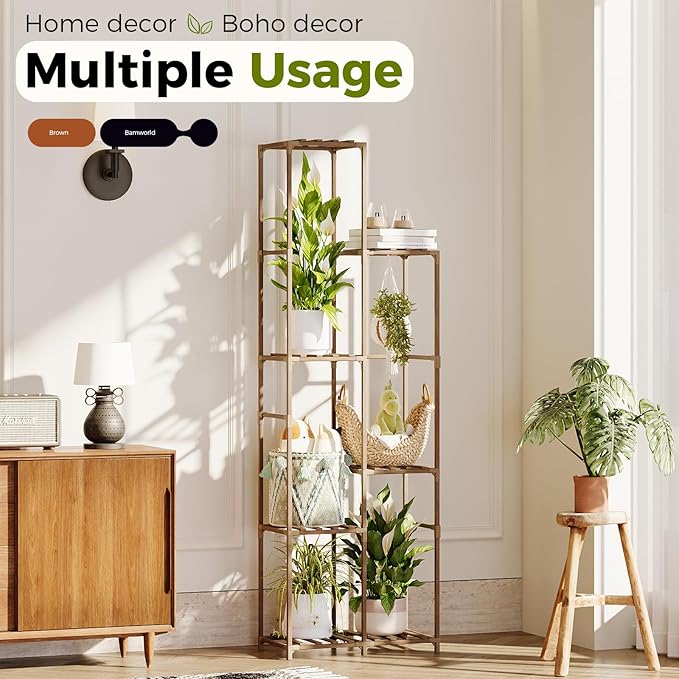 Bamworld Tall Plant Stand Indoor Corner Outdoor Plant Shelf Wood Plant Holder for Multiple Plants Flower Stands Plants Rack Living Room Garden Patio Lawn Window, Brown
