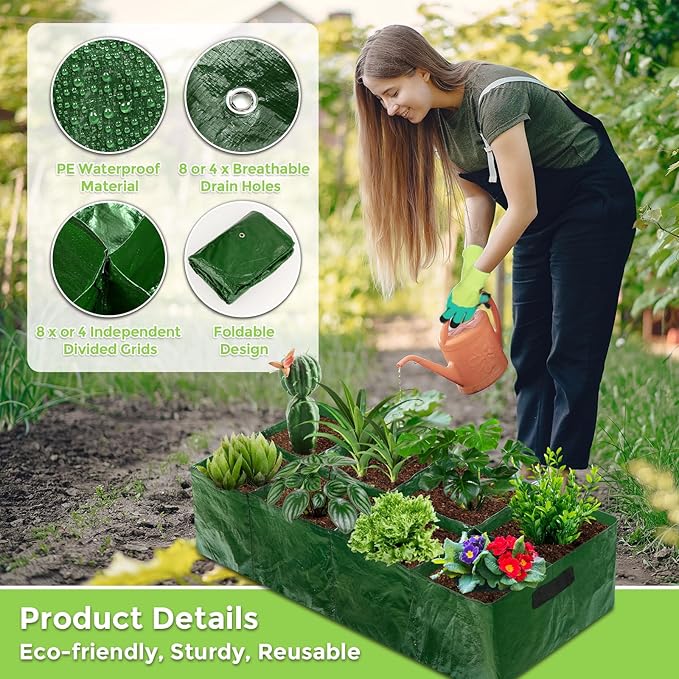 Fabric Raised Garden Bed, 2 Pack 8 Grids and 4 Grids, 128 Gallon Rectangle Grow Bags with Drainage Holes, Breathable PE Planting Containers for Outdoor Vegetables Fruits Flowers