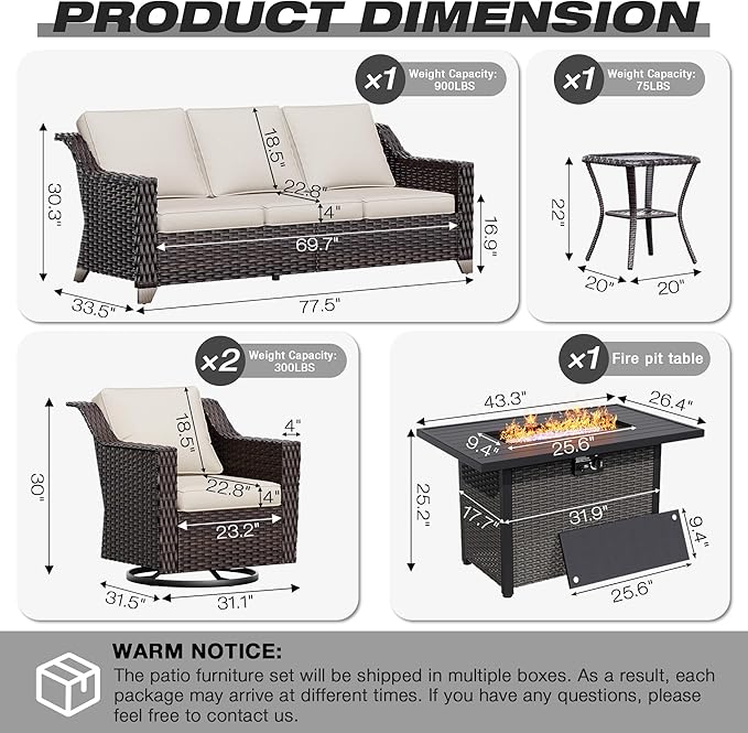 Joyside Wicker Patio Furniture Sets, 5 Pieces Upgraded Large Size Outdoor Furniture with Swivel Rocking Patio Chairs, 3-Seat Sofa, Fire Table, Coffee Table, Thick Cushions, Wide Armrest, Beige