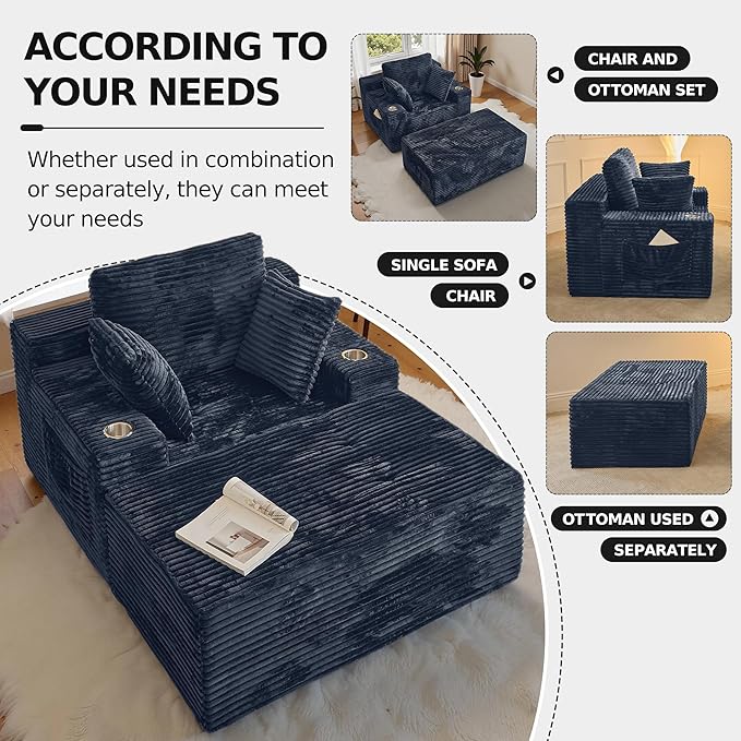 CHORRO67 Chaise Lounge Chair Indoor,Oversized Boneless Single Sleeeper Couch Bed,Corduroy Cloud Sofa with 3 Soft Pillows for Livingroom,Bedroom,No Assembly (Grey)