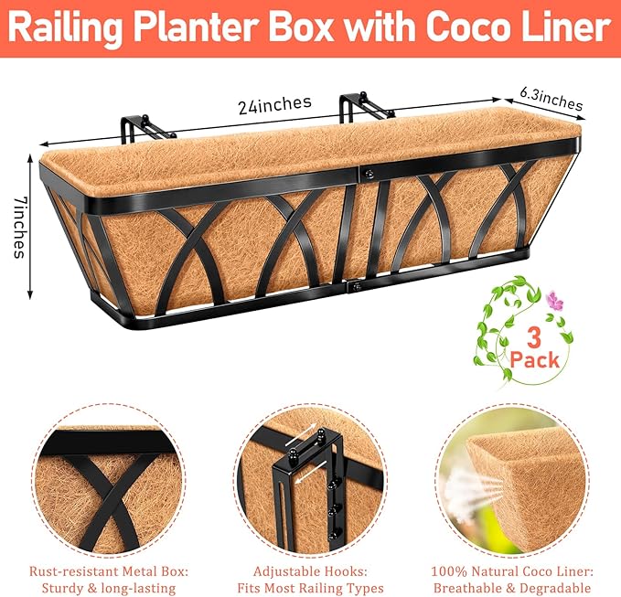 Riare 3 Pack 24 Inch Metal Railing Planter Window Box with Coco Liner- Adjustable Window Flower Boxes for Railings, Hanging Rail Planters for Deck, Balcony, Porch, Fence, Indoor Outdoor Plants
