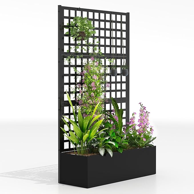 Outsunny Galvanized Raised Garden Bed with Trellis, Metal Planter Box with Drainage Holes, Outdoor Privacy Screen for Climbing Plants, Vegetable, Vines, 43" x 16" x 70", Black