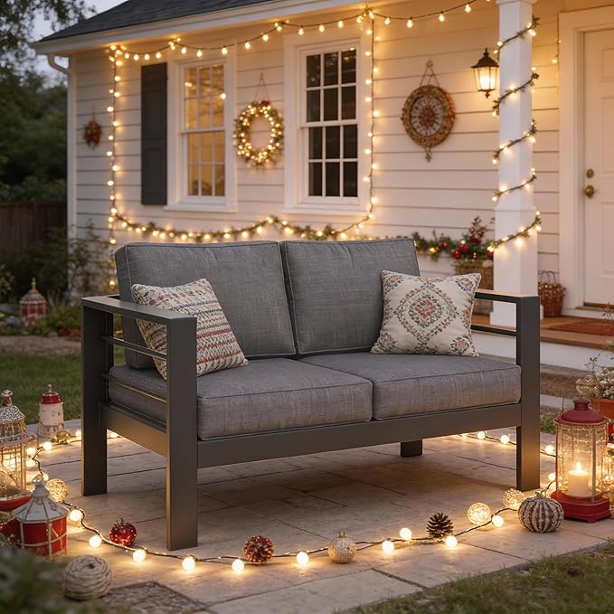 Kiss the Water Outdoor Patio Furniture Loveseat Sofa, All-Weather Metal Aluminum Patio Couch with 5" Thick and Soft Cushion and Wide Arm, Outdoor Couch for Balcony, Porch, Backyard