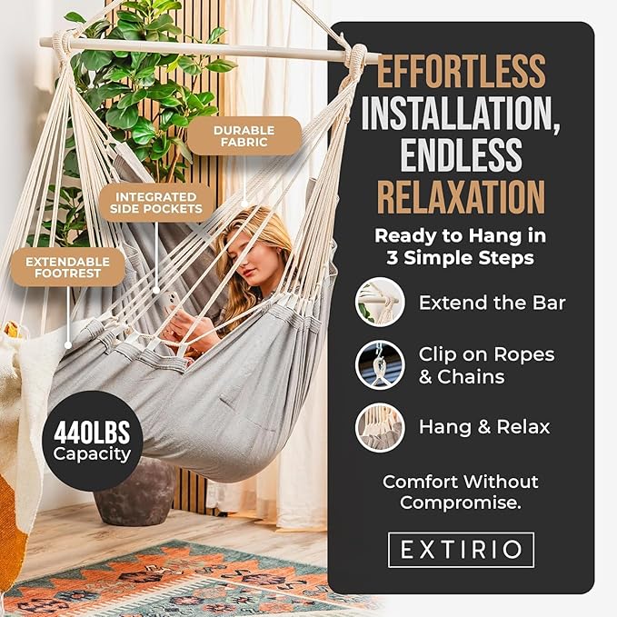 Hanging Hammock Chair Swing – Hanging Chair Outdoor & Indoor - Hammock Swing Chair – Quick & Easy Setup with Hardware Kit – Durable & Spacious Full Body Support with 2 Plush Cushions – Holds 440 Lbs
