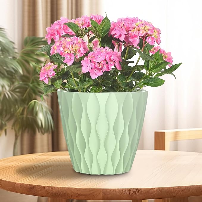 6 Pack 7 Inch Indoor Plant Pots with Drainage Holes, Outdoor Plastic Decorative Flower Pots, Garden Planters with Tray Saucers for Orchids, Violets, Succulents, Herbs, and Other Plants