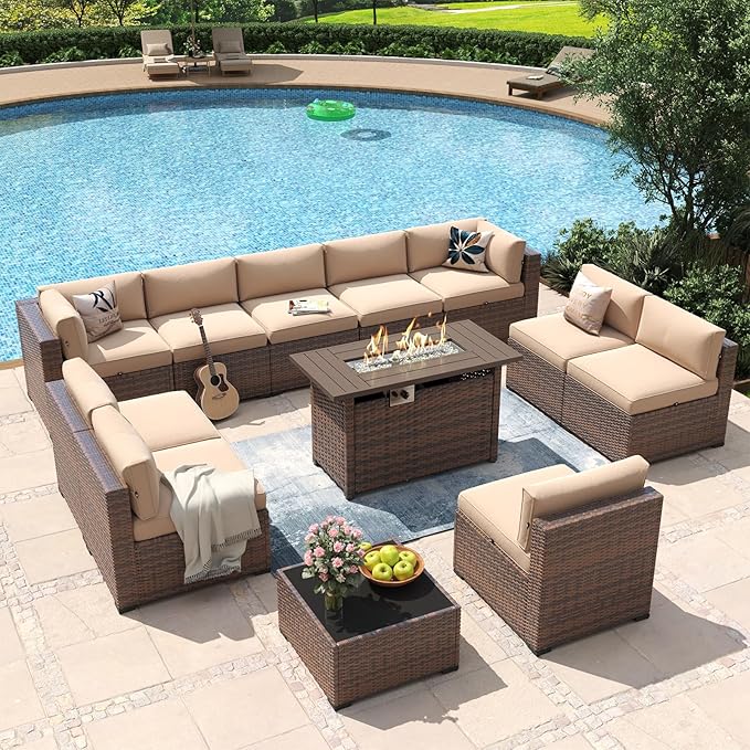Aoxun 12 Piece Patio Furniture Set with 44” Fire Pit Table Wicker Rattan Outdoor Sectional Sofa Set with Coffee Table and Thickened Cushions, Beige (Waterproof Cover Included)