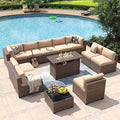 Aoxun 12 Piece Patio Furniture Set with 44” Fire Pit Table Wicker Rattan Outdoor Sectional Sofa Set with Coffee Table and Thickened Cushions, Beige (Waterproof Cover Included)