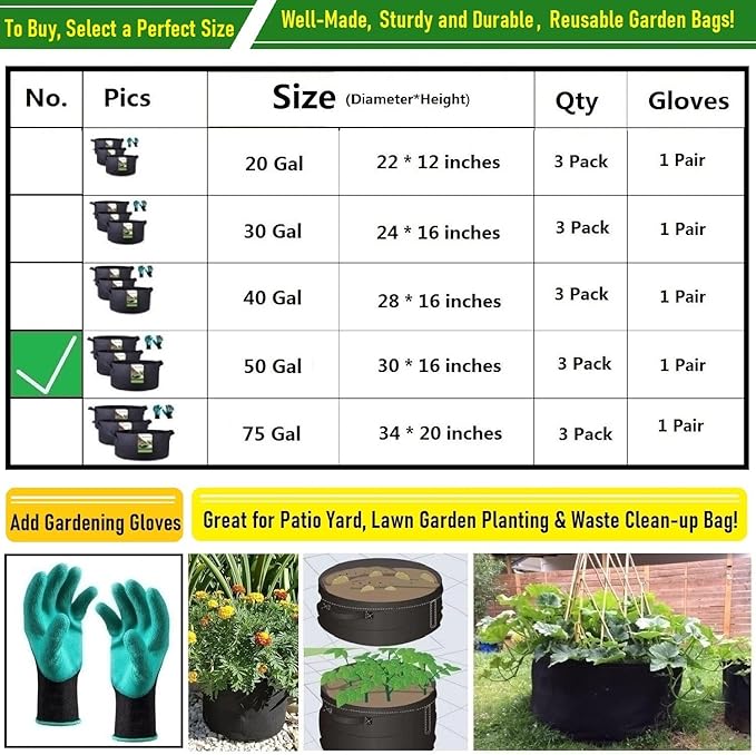 3-Pack 50 Gallon Thickened Plant Grow Bags Large (30x16 in) Heavy Duty Fabric Plant Pots Garden Bag for Potato,Tomato Planter,Herbs Veggies Planting,Flower Pots,Barrel Planter,Leaf Bag,Yard Waste Bags