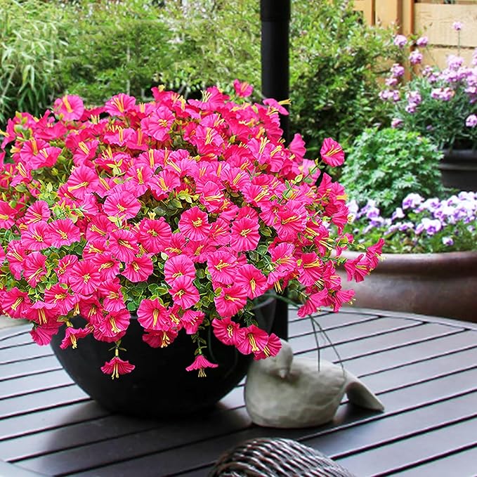 Artificial Flowers for Outdoors, UV Resistant Fake Silk Morning Glory, Realistic Faux Plants for Outside Porch Patio Window Box Hanging Planter (16, Hot Pink)