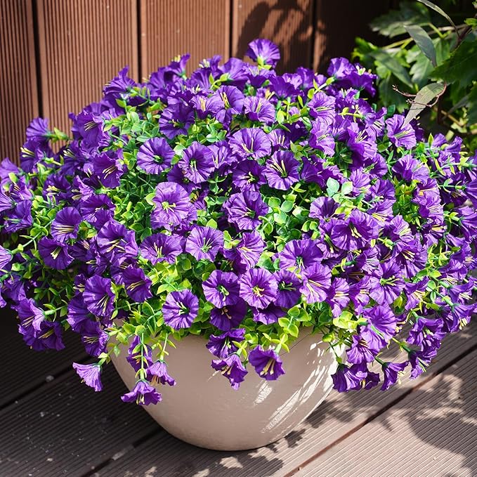 Artificial Flowers for Outdoors, UV Resistant Fake Silk Morning Glory, Realistic Faux Plants for Outside Porch Patio Window Box Hanging Planter (16, Purple)