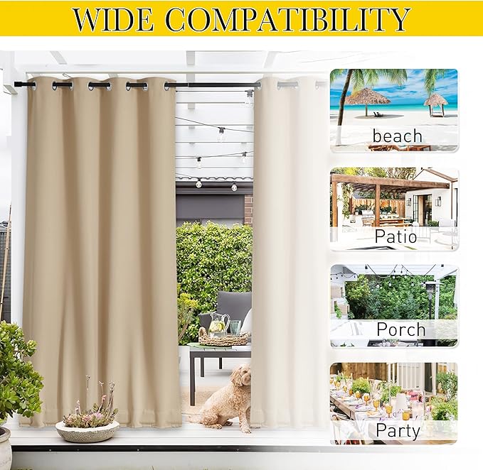 NICETOWN 2 Panels Biscotti Beige Privacy Outdoor Curtains for Patio, Waterproof Thermal Insulated Grommet & Back Tab on Top and Bottom Windproof Drapes with Fixed Rope for Porch, W52 x L120