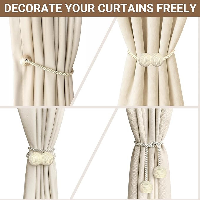 Hion Magnetic Curtain Tiebacks Beige 2pcs, Curtain Tiebacks Buckles Holdbacks Holders Hooks Clip for Home Bedroom Office Decorative Curtain