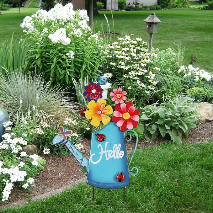 hogardeck Garden Decor for Outside, Metal Watering Can Decorative Garden Stakes with Flowers, Yard Art Welcome Spring Signs for Outdoor Lawn Backyard Porch Patio Garden Decorations