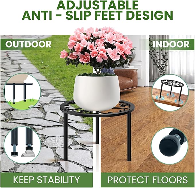 TOSKING 2-Pack Heavy Duty Metal Plant Stands - 10-inch Decorative Round Plant Stand, Adjustable Leveling Feet & Rust-Resistant Finish for Indoor/Outdoor Use