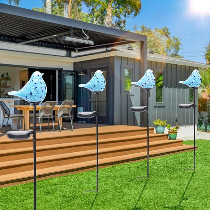 Bshine Solar Garden Decoration Outdoor Bluebird Lights, Hand Blown Glass Waterproof Solar Light Stake Decorate Paths, Pathways, Lawns and Yards Art for Mom Gifts