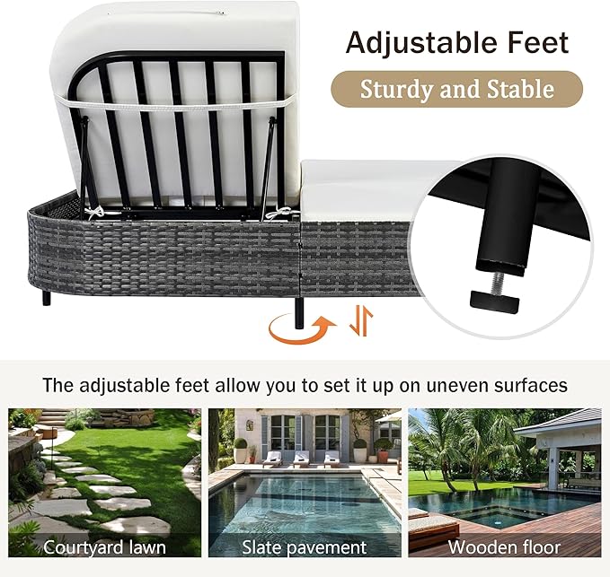 Merax Outdoor Daybed,Patio Rattan Daybed with Adjustable Backrest,Patio Wicker Loveseat Lounger,Outdoor Bed Loveseat Sofa Set with Pillows and Cushions for Garden, Backyard, Poolside,Black+Beige