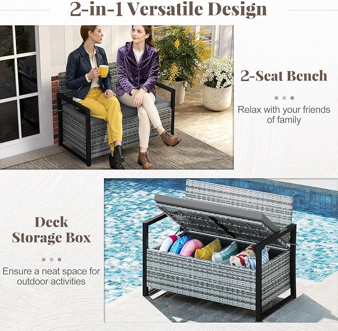 RELAX4LIFE Wicker Outdoor Bench with Storage - Rattan Deck Box w/Protective Liner for Pillows, Pool Supplies, Garden Tools, Patio Loveseat with Seat Cushion & Metal Armrests for Backyard Porch Balcony