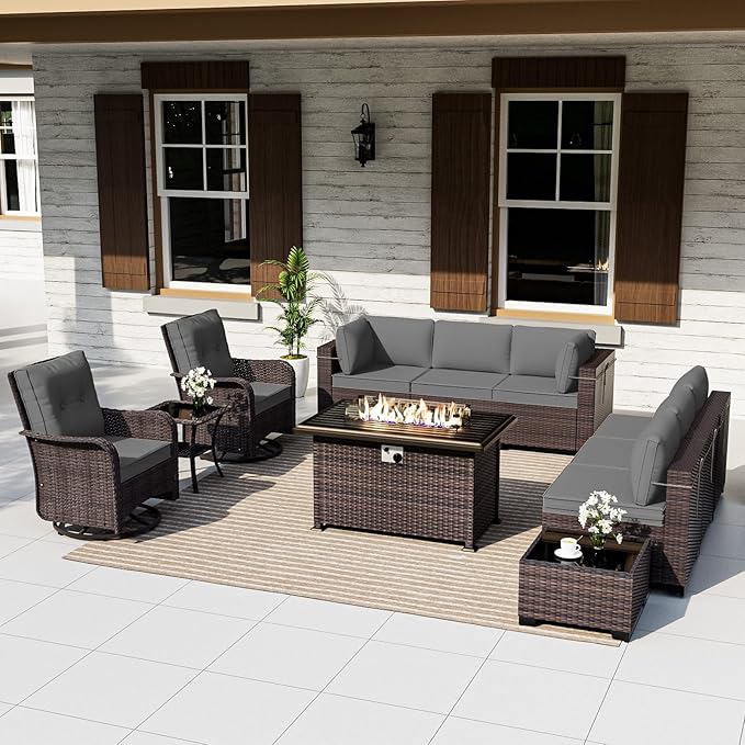 ALAULM Patio Furniture Set with 2 Swivel Chairs, Outdoor Sectional with 55000 BTU Fire Pit Table and Wide Seat, 11 Pieces Wicker Rattan Conversation Set with Coffee Table for Garden, Deck, Grey